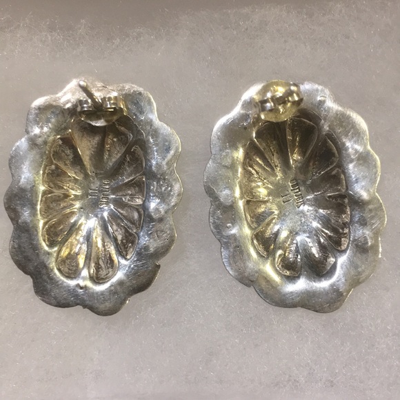 Vintage Navajo Sterling Silver Green Malachite Large Oval Post Earrings Signed - Picture 5 of 16